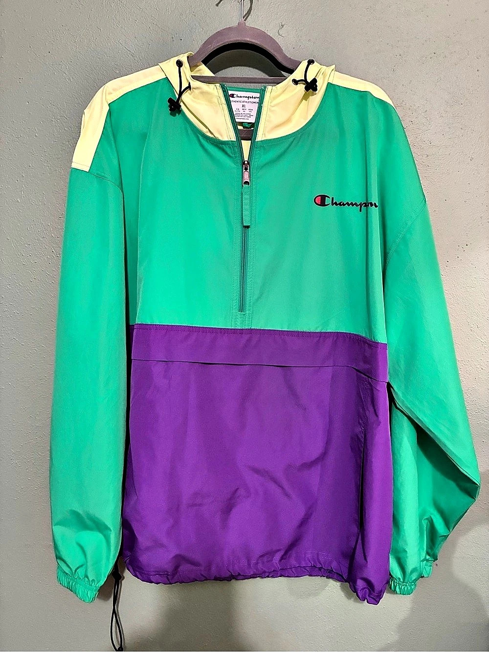 Champion Colorblock Anorak Windbreaker Jacket XL Teal Purple Yellow 1/4 Zip